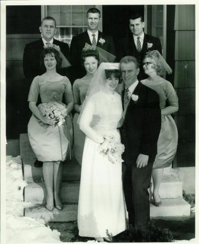 While stationed at Westover, Tom met and married his wife Maryann.  They were married seven months after They met in July 1962.  This is a photo of all of Tom and his wife along with the wedding party on their wedding day - 23 Feb 1963.  Tom received his discharge two days later (25 Feb 1963)
